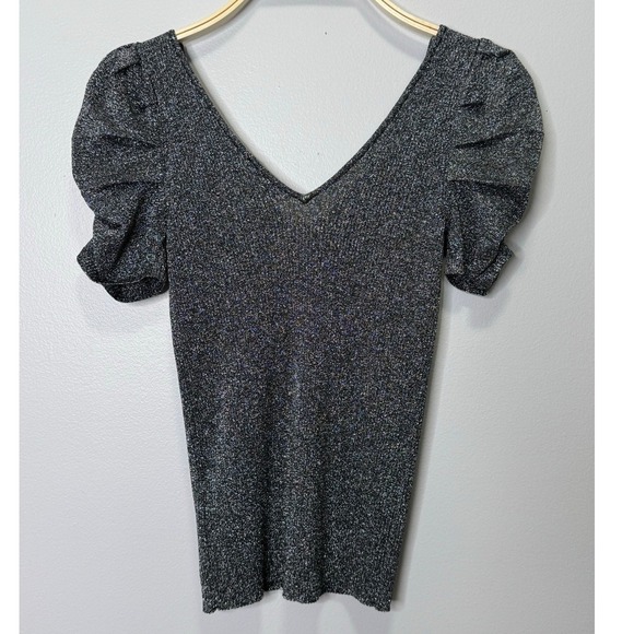 Sandro Metallic Puffed Sleeve Stretch Knit Top Silver Women Small Chic Dressy - Picture 6 of 12